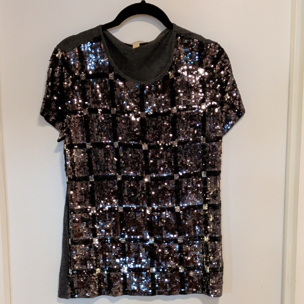 MICHAEL Michael Kors Sequin Short Sleeve Top - Black and Silver